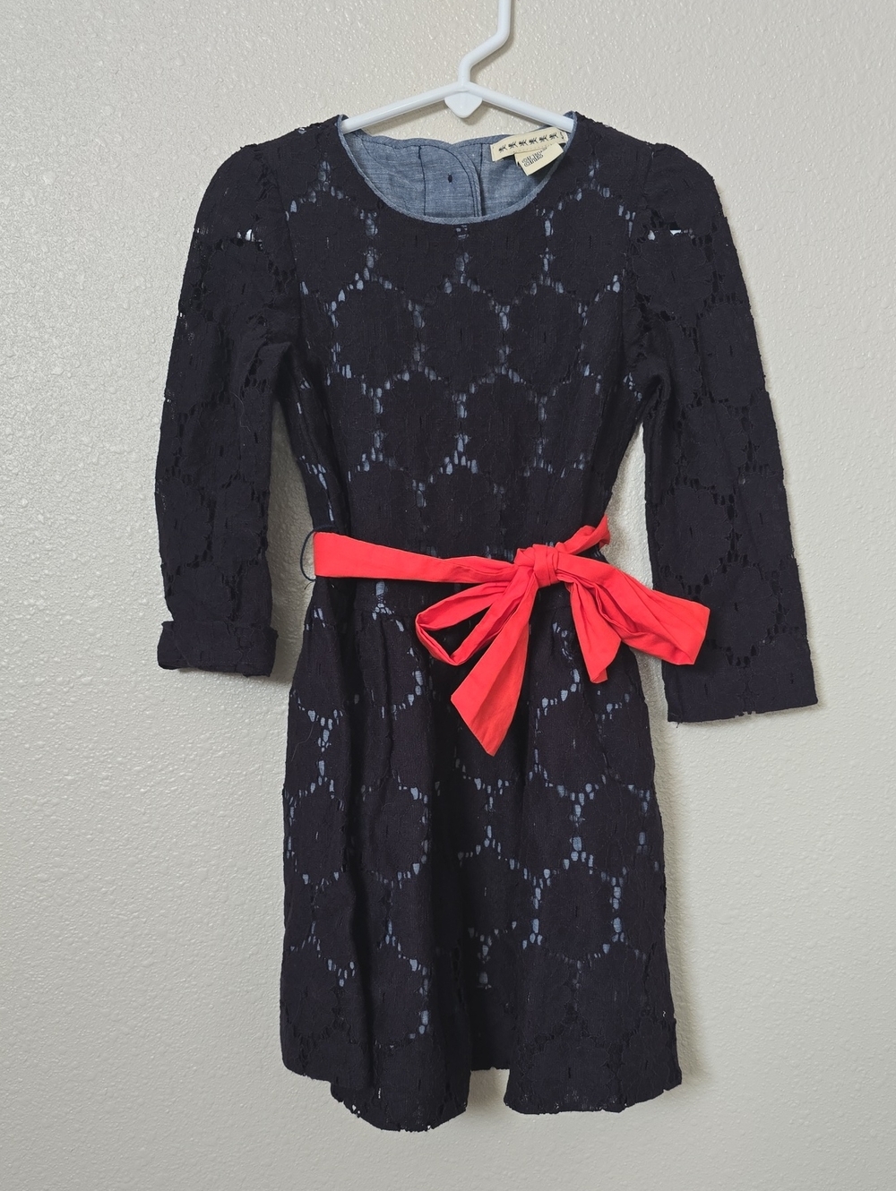 Anthem of the Ants Navy Lace Dress with Red Bow Sash